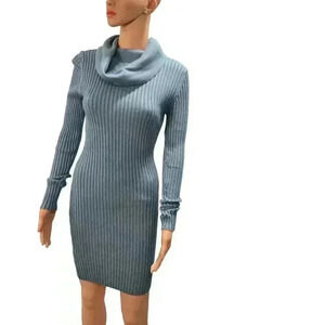 Cozy Ribbed Knit Cowl Neck Dress - Slate Blue